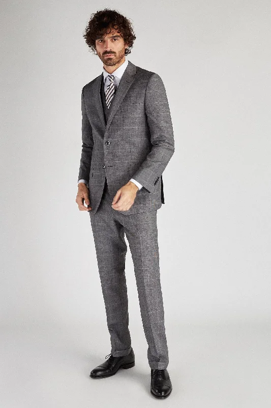 Men's Classic Slim Fit Suit with Checked Waiscoat