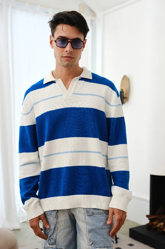 Blue Stripe V-Neck Knit Polo