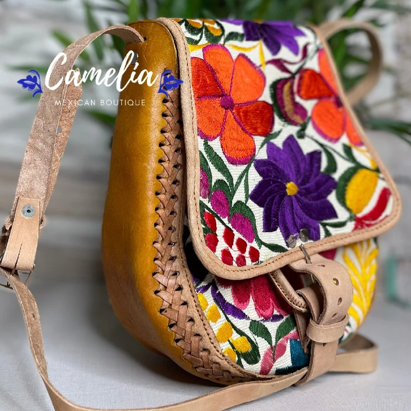 Mexican Leather Crossbody Saddle Bag - Embroidered