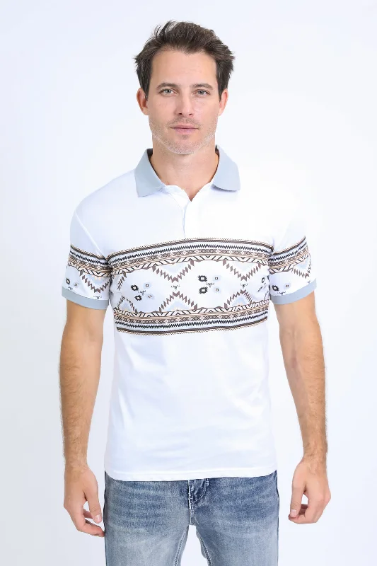 Men's Aztec Panoramic Print White Polo