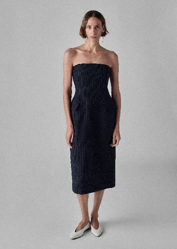 Tailored Bustier Dress in Virgin Wool - Navy Stripe