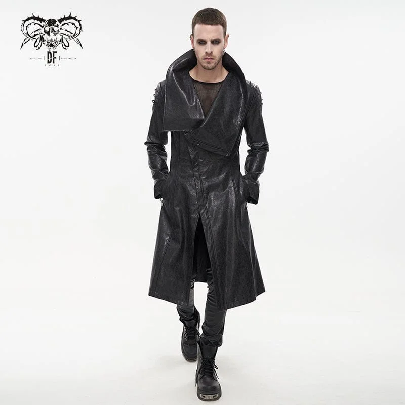 Men's Punk Stand Collar Faux Leather Long Coat