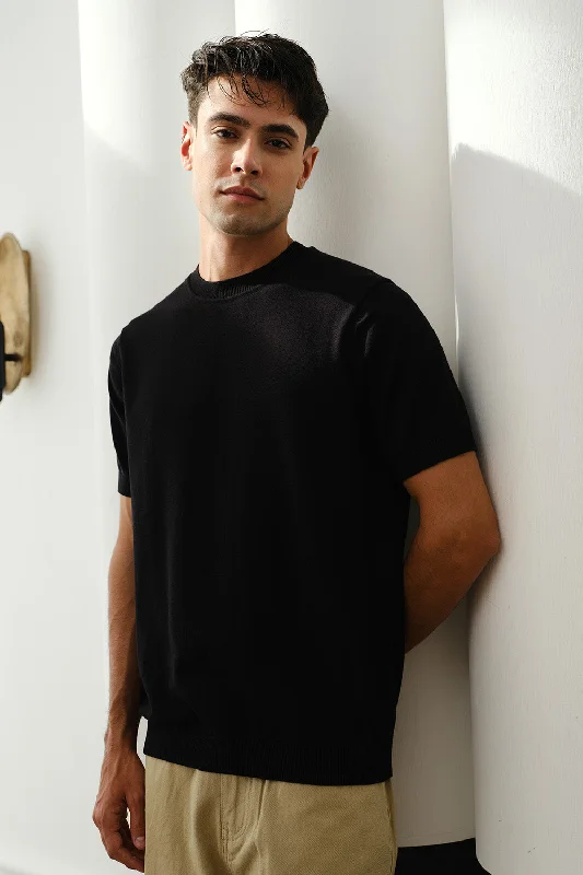 Black Knit Round Neck T-shirt