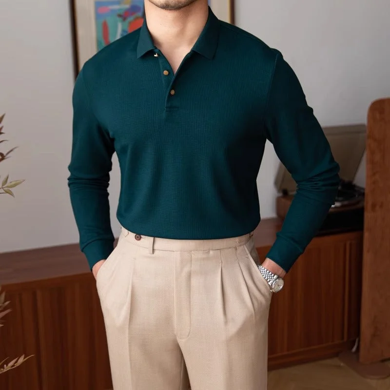 Textured Knit Cotton Blend Long Sleeve Polo