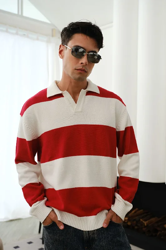 Red Stripe V-Neck Knit Polo