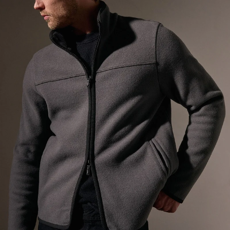 Wool Jersey Zip Front Funnel Neck - Mid Grey/Black