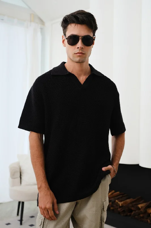 Black Knit Textured Polo T-shirt