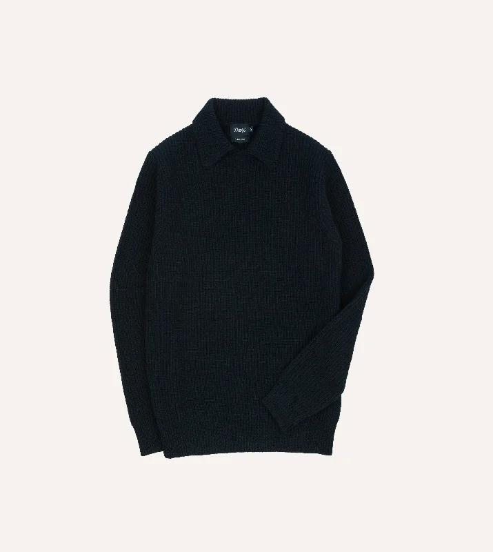 Navy Alpaca Lambswool Ribbed Integral Collar Jumper