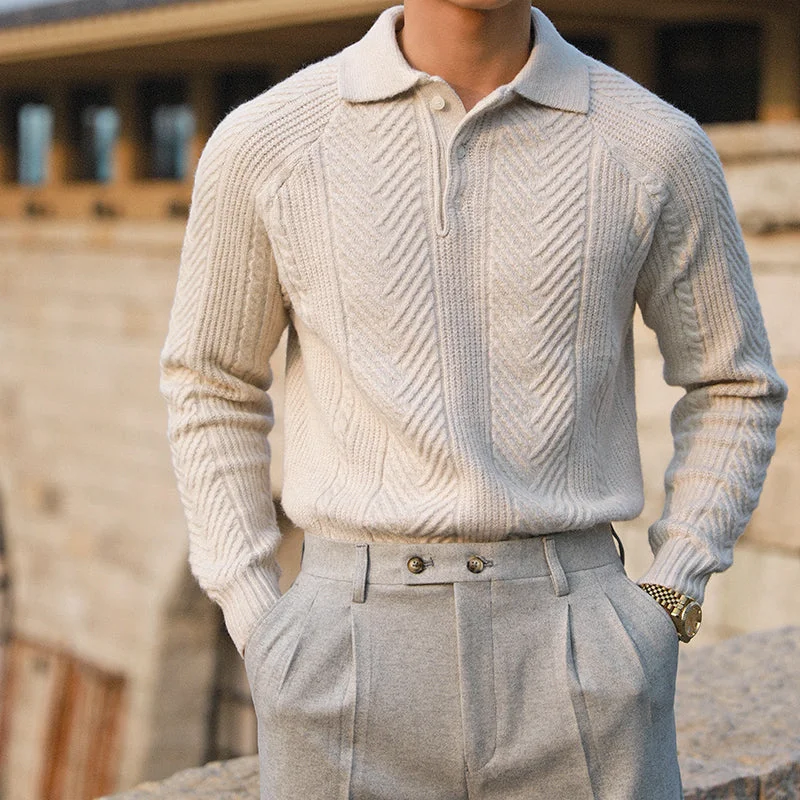 Geometric Patten Knitted Long Sleeve Polo Shirt