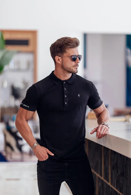 Father Sons Classic Black Polo with FS Elastic Sleeve Branding and Black Metal Emblem - FSH631