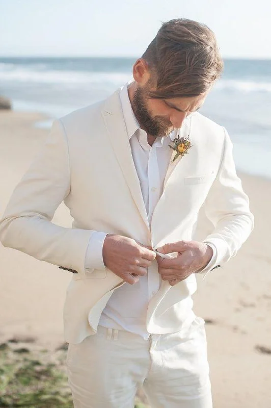 2-Piece Wedding Suit Ivory White Linen Men's Suit Plus Size