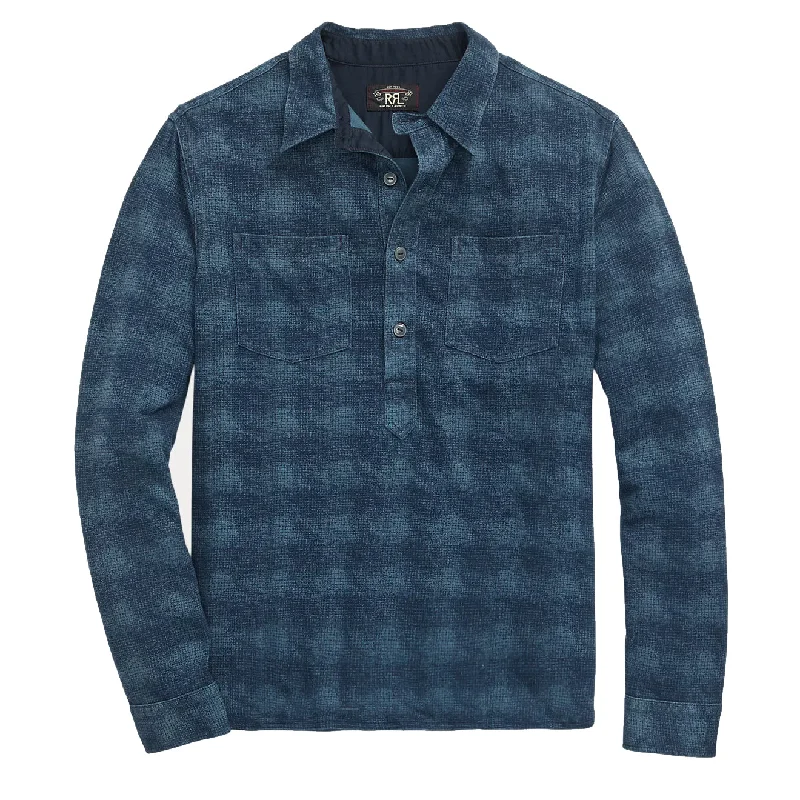 RRL by Ralph Lauren Plaid-Print Jersey Popover Workshirt Navy/Blue