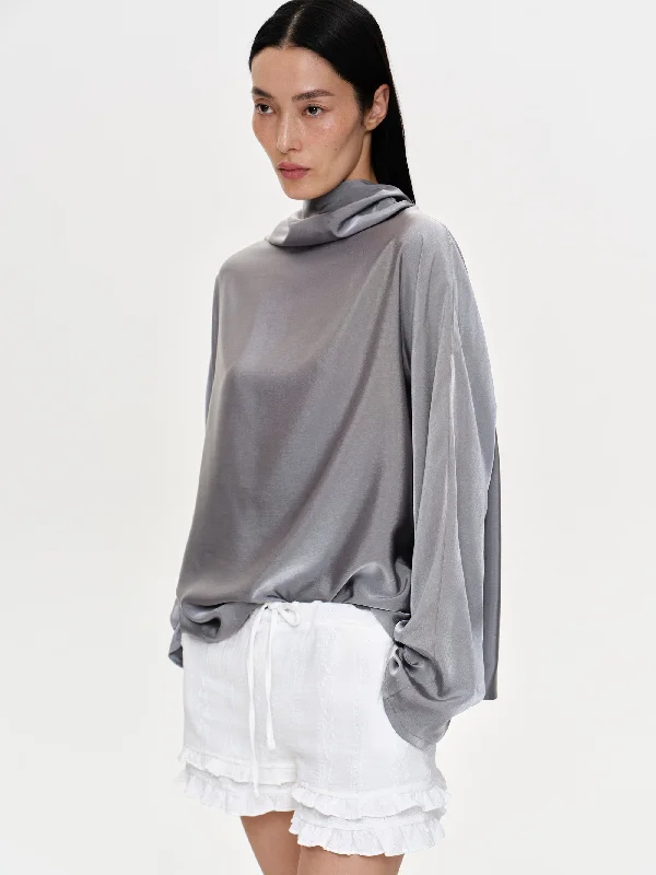 Draped Neck Satin Blouse, Grey