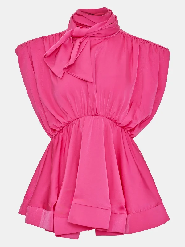 Ruched Waist Satin Blouse, Neon Pink