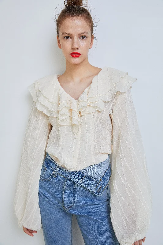 Pleated Ruffle Blouse, Ivory