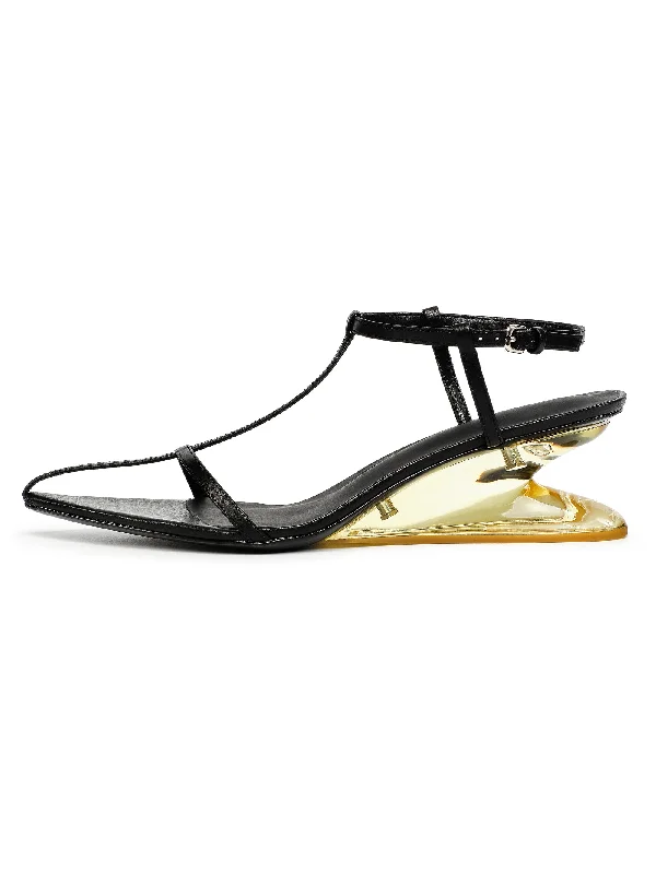 Oval T-Strap Wedge Sandals, Black