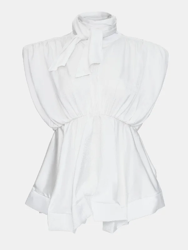 Ruched Waist Satin Blouse, White