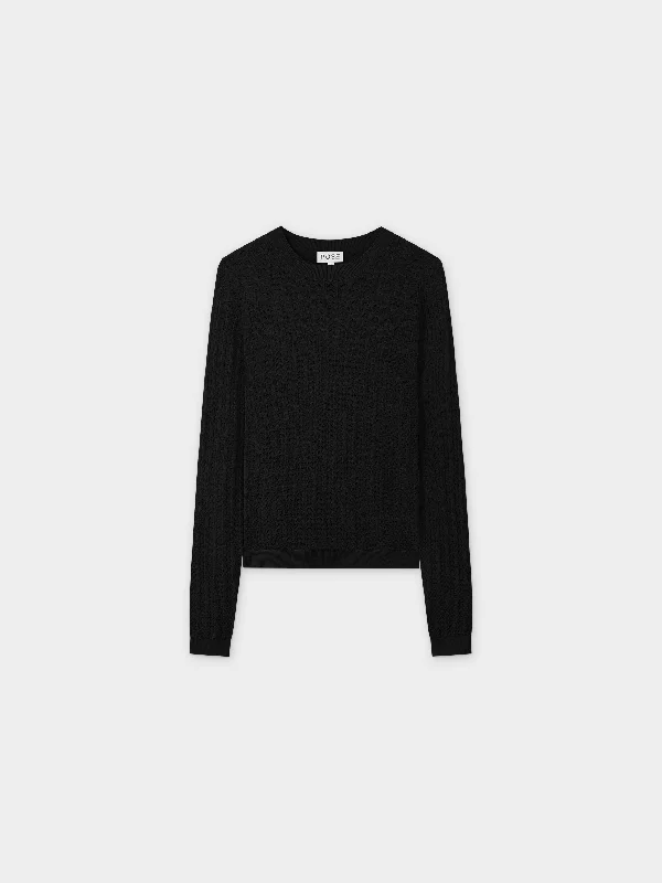 Pointelle Knit Sweater-Black