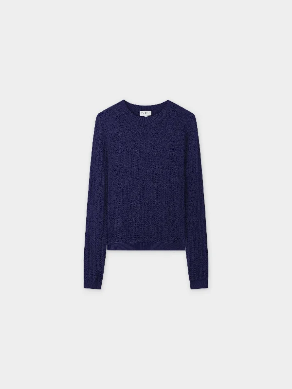 Pointelle Knit Sweater-Navy