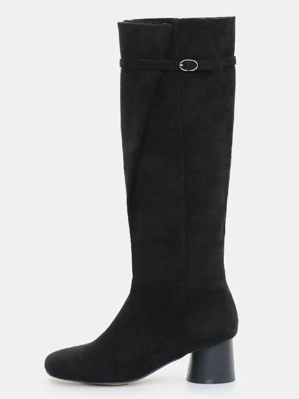 Suede Buckle Knee Boots, Black