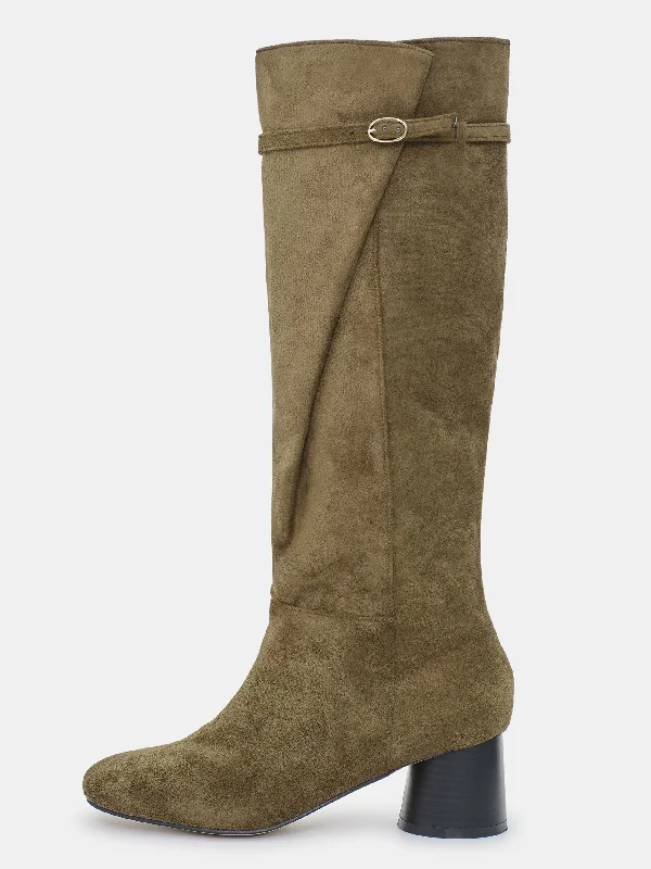 Suede Buckle Knee Boots, Khaki